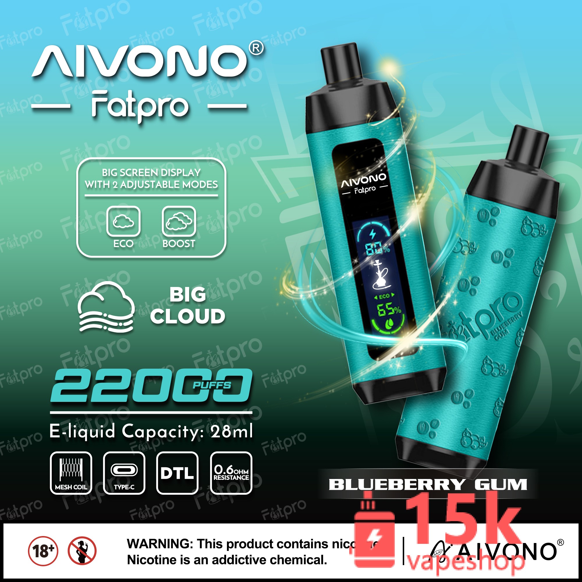 Aivono Aim Fatpro 22000 Puffs Rechargeable E-Cigarette with 28ml E-Liquid Capacity - 画像 (3)