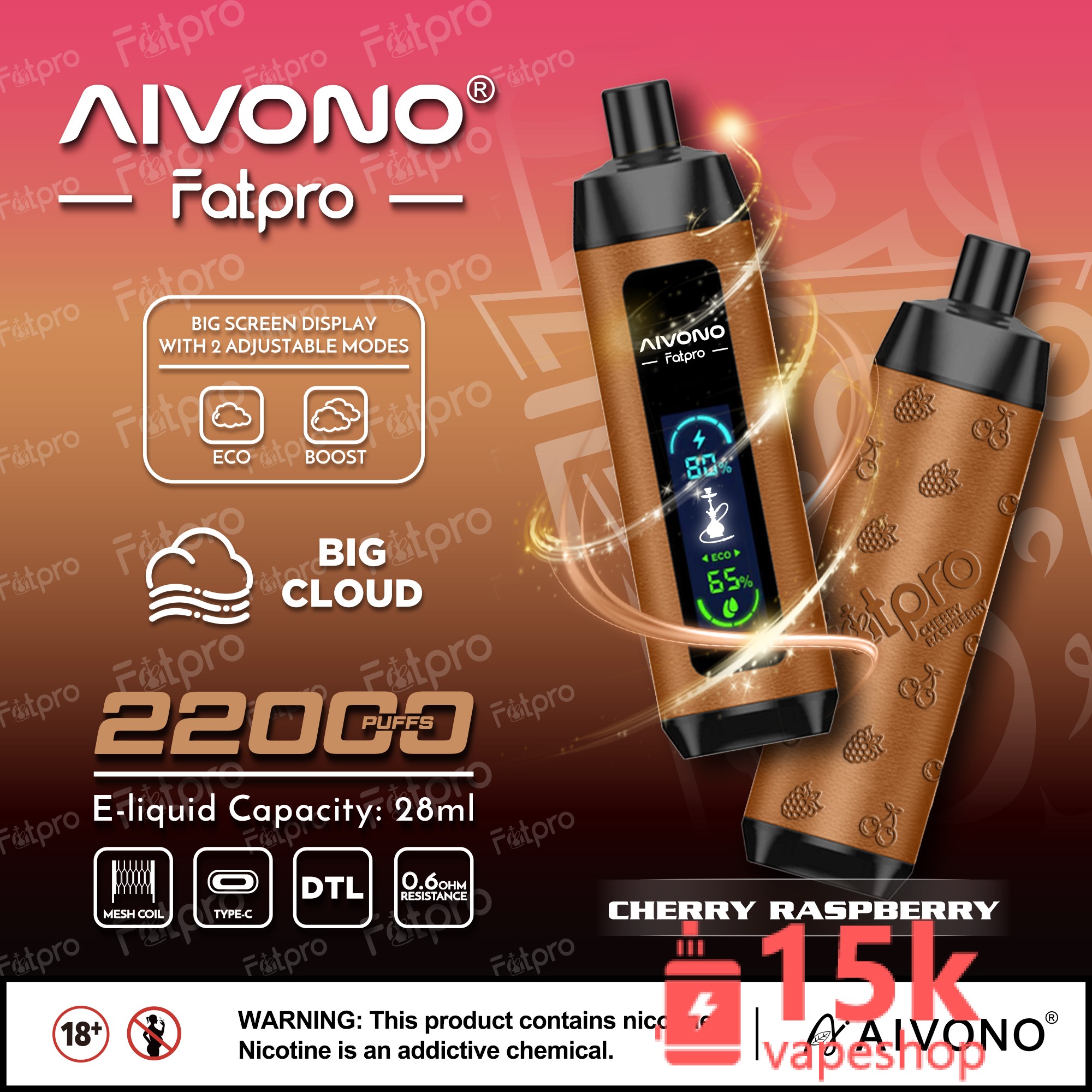 Aivono Aim Fatpro 22000 Puffs Rechargeable E-Cigarette with 28ml E-Liquid Capacity - 画像 (4)