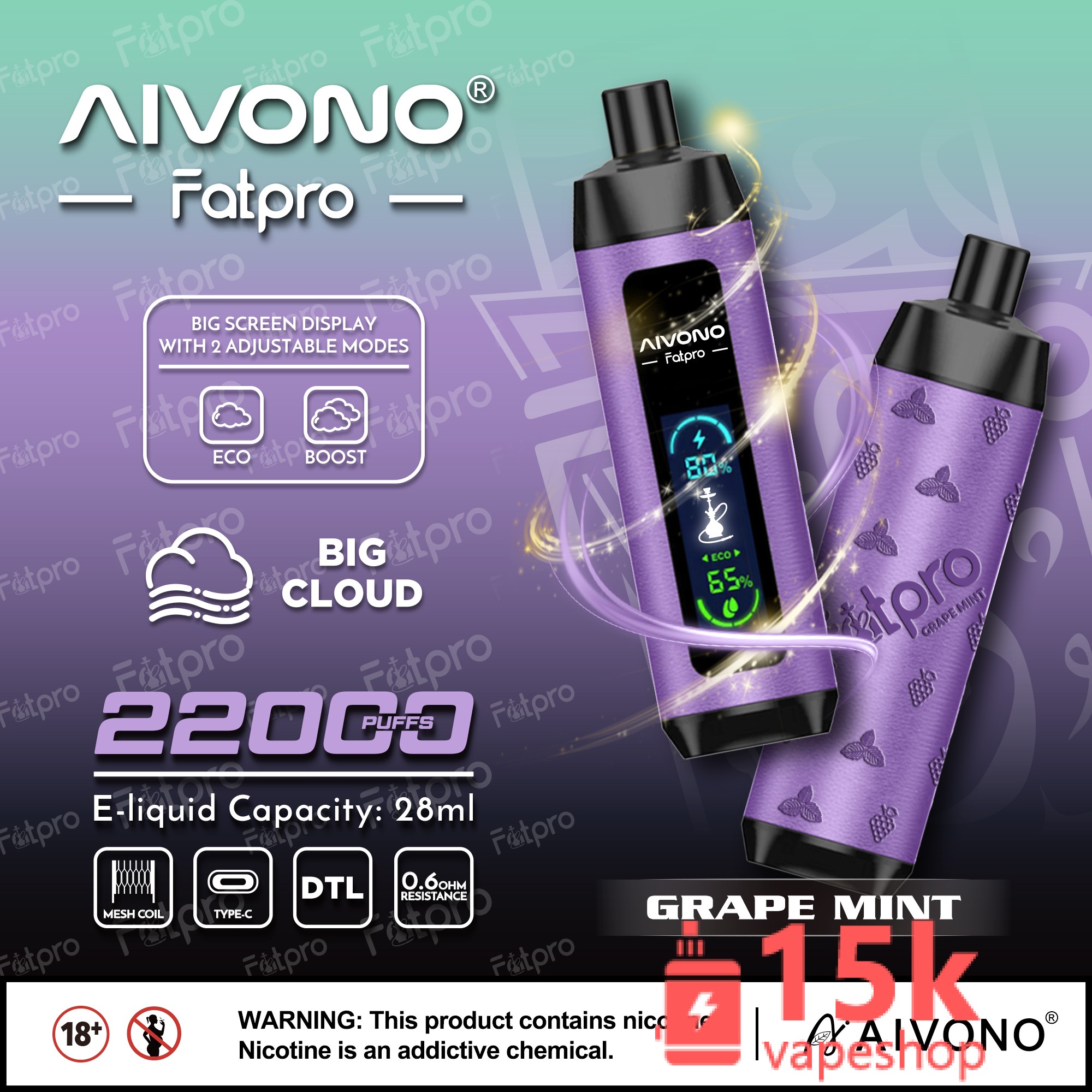 Aivono Aim Fatpro 22000 Puffs Rechargeable E-Cigarette with 28ml E-Liquid Capacity - 画像 (6)