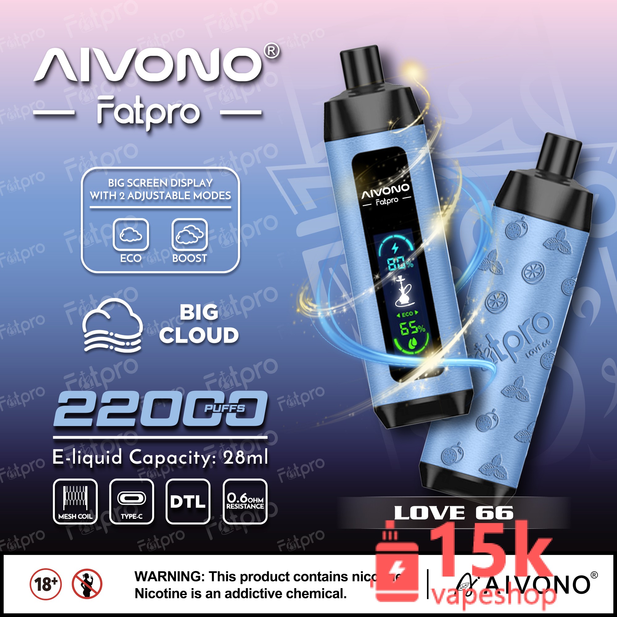 Aivono Aim Fatpro 22000 Puffs Rechargeable E-Cigarette with 28ml E-Liquid Capacity - 画像 (5)