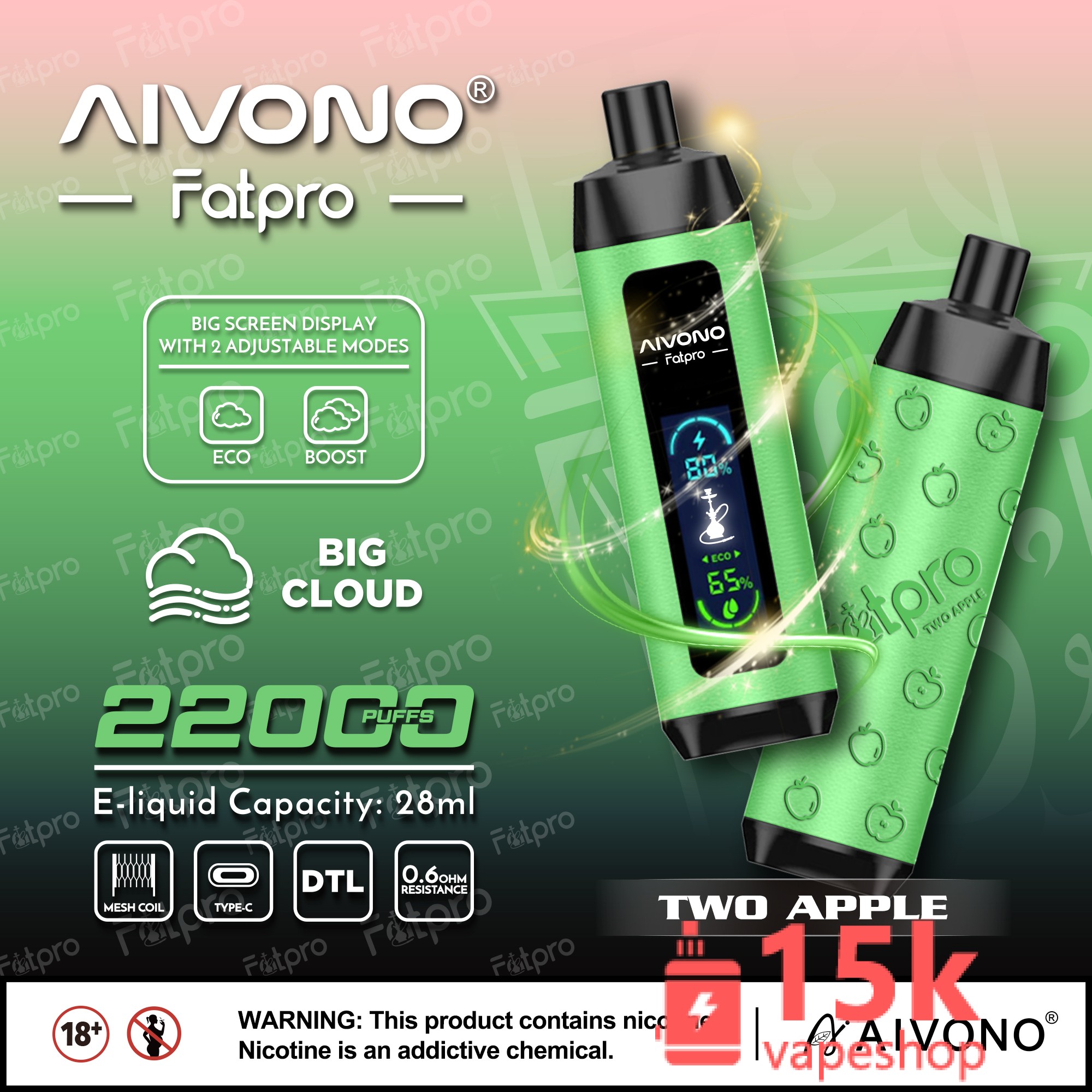 Aivono Aim Fatpro 22000 Puffs Rechargeable E-Cigarette with 28ml E-Liquid Capacity - 画像 (2)