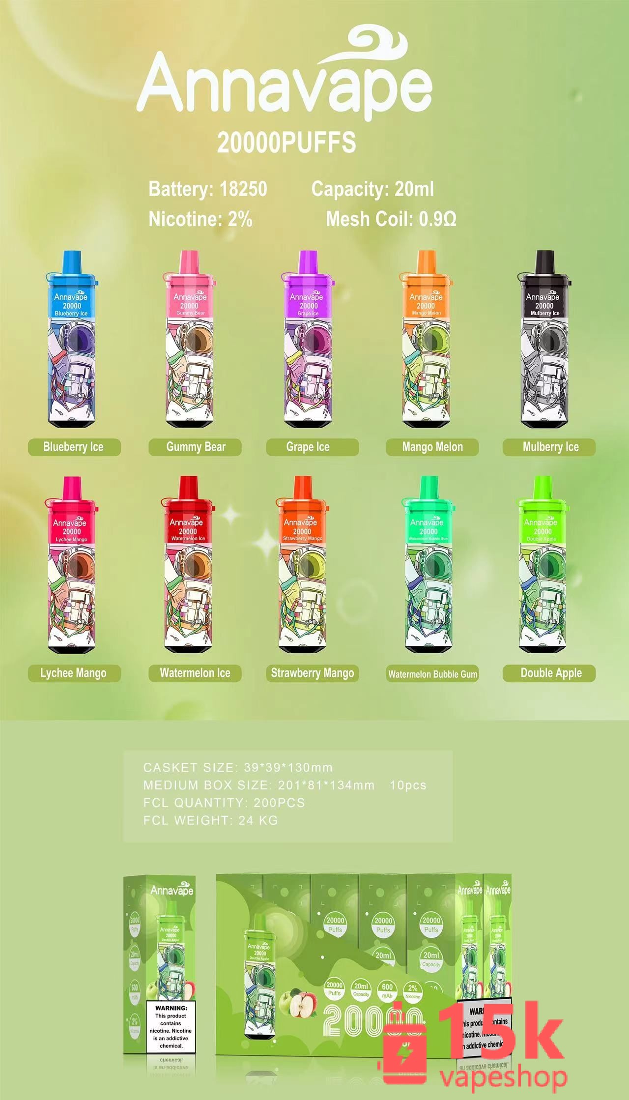Annavape 20000 Puff Disposable Vape Pen - 20ml, Stainless Steel, Fruit Flavors, CE Certified