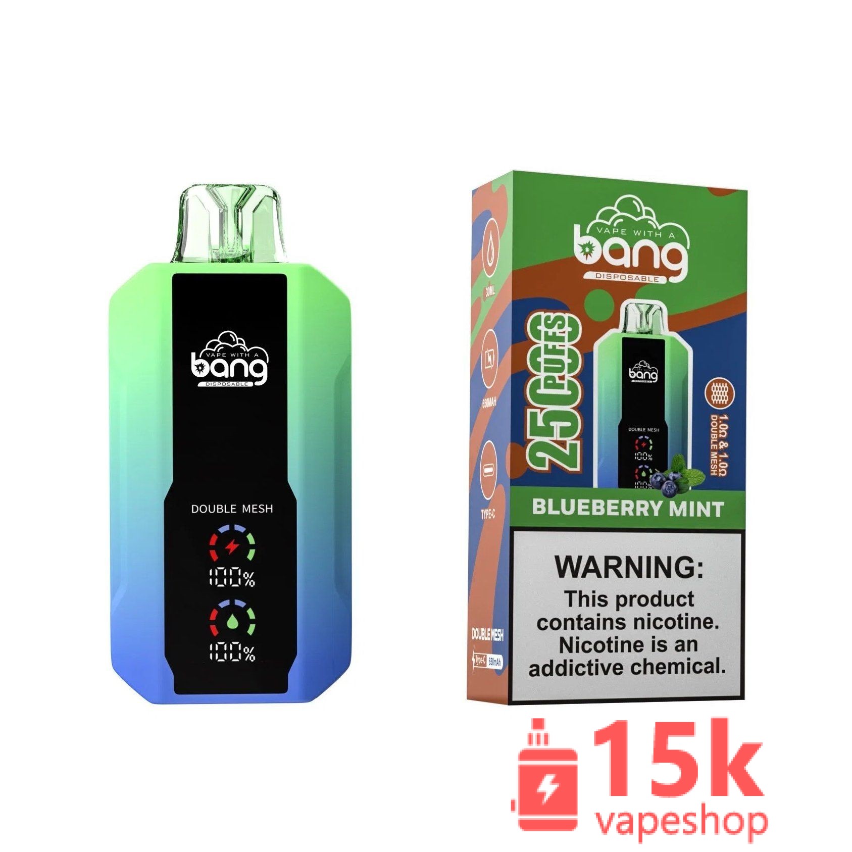 Bang 25000 Puffs Disposable Vape Pen Dual Tank & Mesh Coil, 30ml Capacity, 12 Flavors, CE Certified - Billede 4