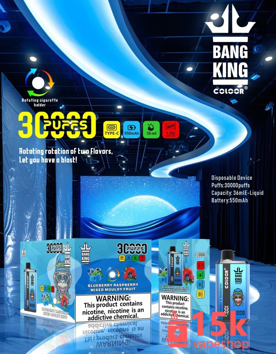 Bang 30000 Puffs Disposable Vape Pen Kit - Rechargeable, Dual Flavor, 36ml, 550mAh, Type C Charging
