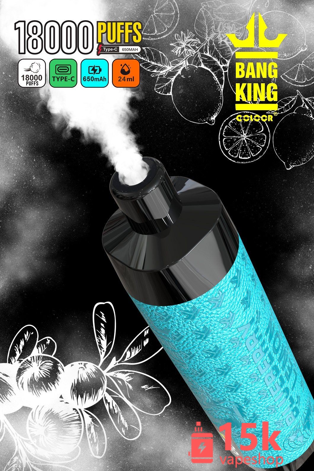 Bang King 18000 Puffs Vape | 0-50mg Nicotine, 24ml, 650mAh, Type C, Fruits Flavors | Disposable Ecig