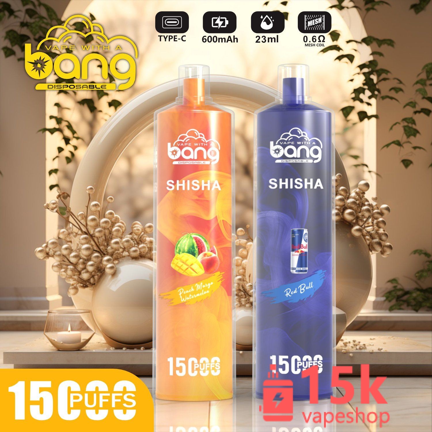 Bang Shisha 15000 Disposable Vape with 7500 Puffs, Fruit Flavors, CE Certified, 16ml E-Liquid - Obrázok 5