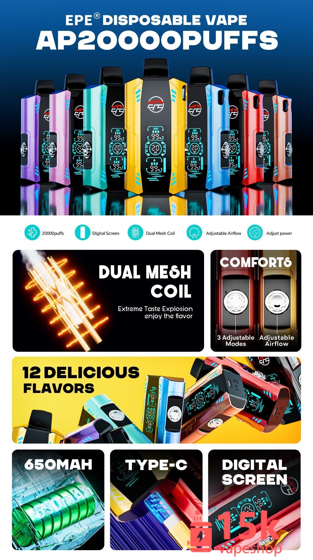 EPE AP 20000 Puffs Vape jetable - Acier inoxydable, sans nicotine, arômes de fruits, certifié FDA