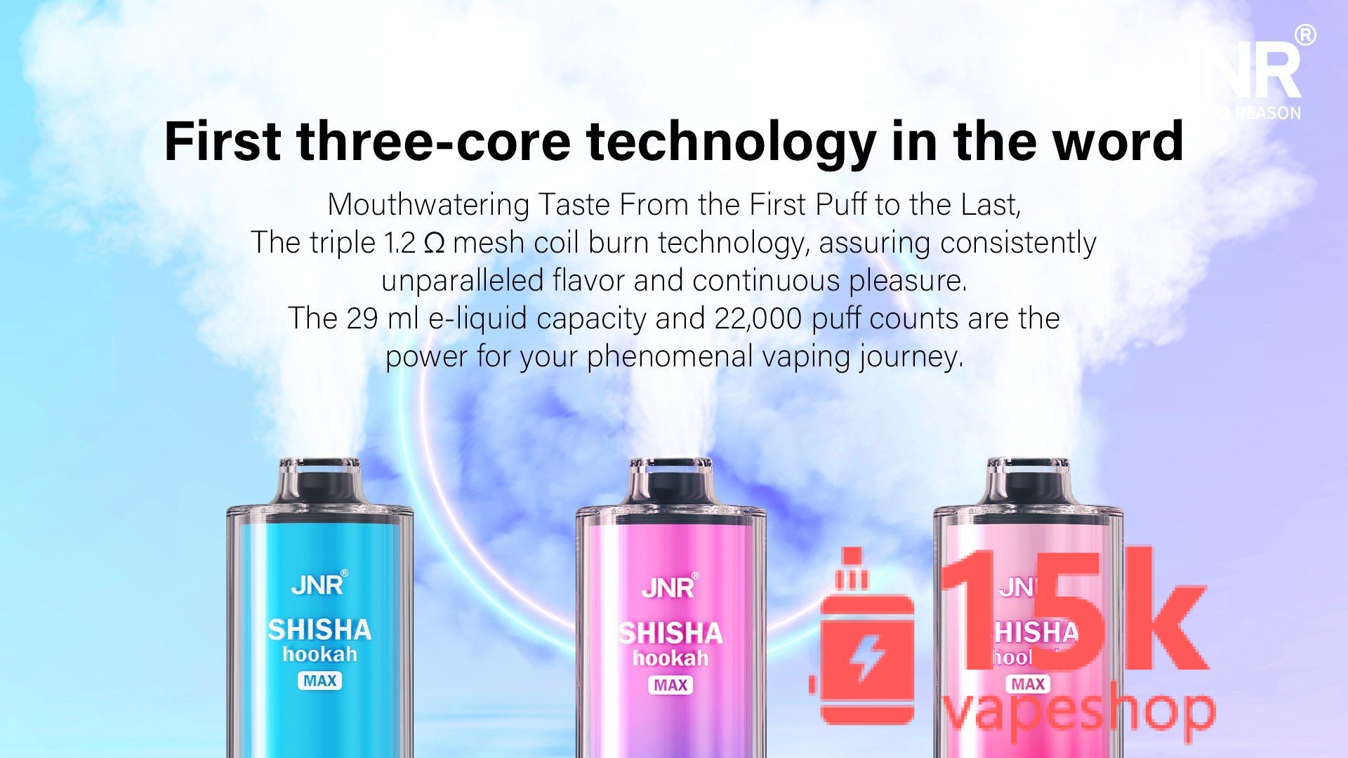 Jnr Shisha Hookah 22000 Puffs Disposable Vape, 29ml E-Liquid, Adjustable Airflow, Type-C Charging, Fruit Flavors - imagine 3