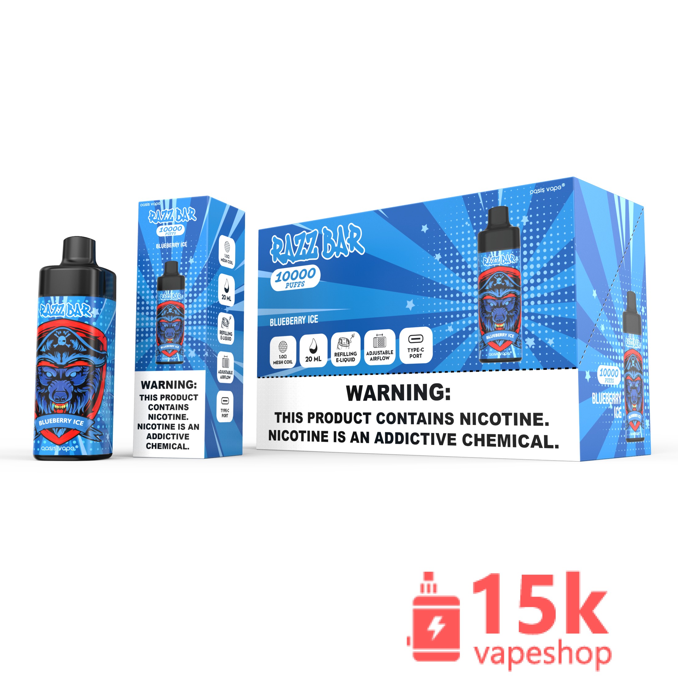 Razz Bar 10000 Puffs Disposable Vape - 16 Flavors - 20ml - 650mAh - Mesh Coil - Type-C - 画像 (2)