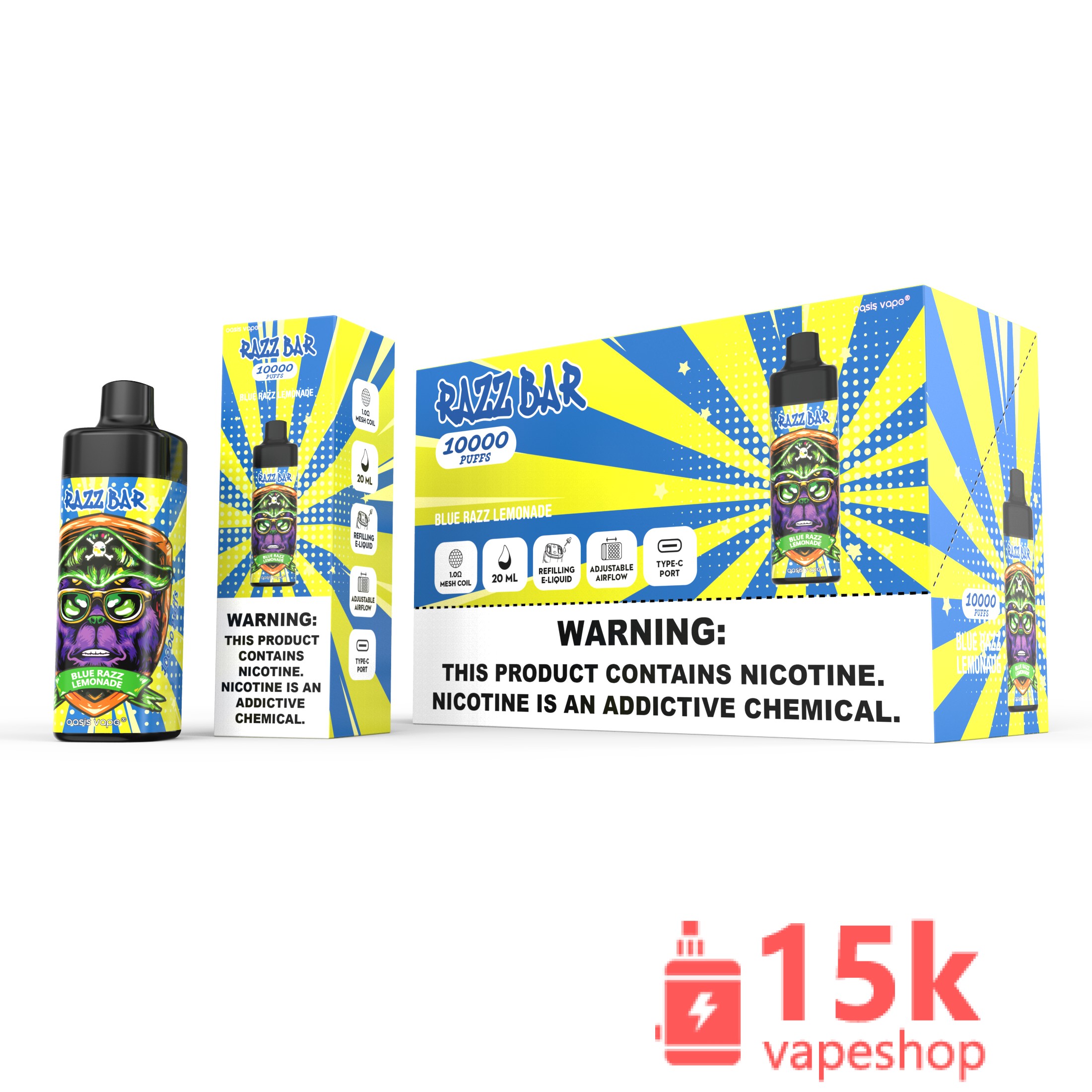 Razz Bar 10000 Puffs Disposable Vape - 16 Flavors - 20ml - 650mAh - Mesh Coil - Type-C - 画像 (4)